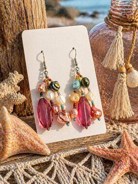 Shell & Pink Resin Drop Earrings | Coastal Artisan Statement